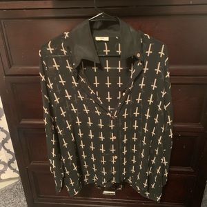 Barely work black blouse with gold crosses